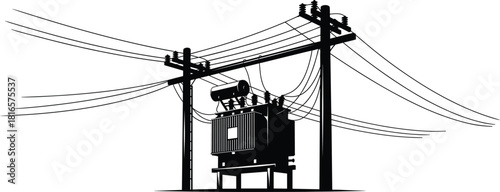Electrical transformer on platform between utility poles, power lines, insulators, distribution system silhouette, black white style, flat vector