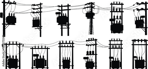 Electrical distribution poles with transformers, insulators, circuit breakers, power lines, multiple configurations, energy infrastructure system , electricity supply network design, flat vector