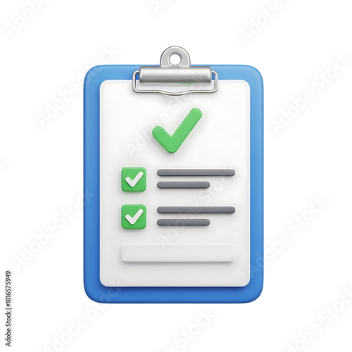 3D checklist clipboard icon (2).Blue clipboard with a checklist and green checkmarks isolated on transparent background