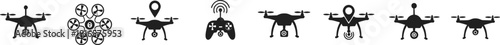 Drone icons collection, quadcopter, GPS, wireless signal, remote control, aerial photography, videography, technology, innovation, navigation, flight, camera, drone