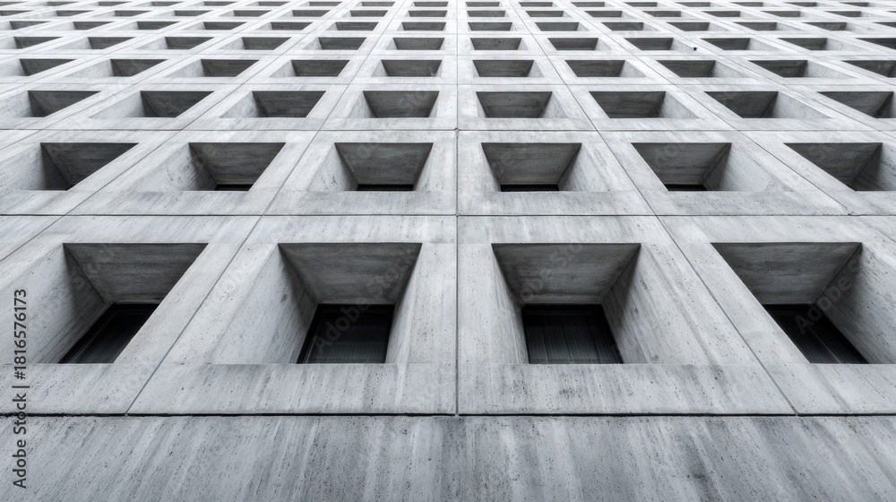 Obraz premium Modern Architectural Design Featuring Geometric Patterns in Concrete, Captured from a Low Angle Perspective Against Clear Sky Background
