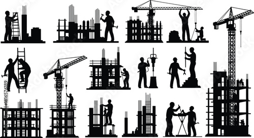 Construction worker silhouettes, building site, cranes, scaffolding, teamwork, laborers, engineers, heavy machinery, industrial development, architecture, tools, teamwork illustration -flat vector