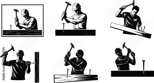 Construction worker silhouette, hammering nails into wood, manual labor posture, safety helmet, industrial craftsmanship, black graphic, carpentry work, building task, flat vector