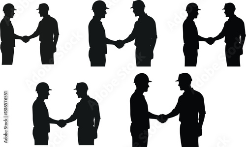 Construction workers handshake, safety helmet cooperation, teamwork agreement, industrial partnership, occupational safety, professional collaboration, black silhouette, business deal, flat vector