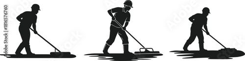 Construction workers silhouette, surface leveling tools, asphalt spreading posture, manual labor, safety helmet, industrial task, black graphic, flat vector