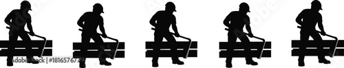Construction worker silhouette, shovel posture, safety helmet, striped barrier, manual labor, industrial effort, black graphic, repetitive motion, flat vector