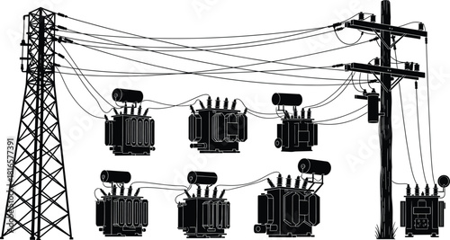 Electrical power distribution network with transmission tower, transformers, utility pole, insulators, grounding wire, energy infrastructure system illustration, electricity supply design, flat vector