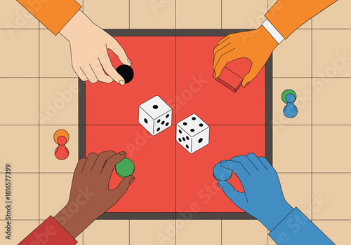 Top View Vector Illustration of Four Friends Playing Board Game with Dice and Colorful Tokens, Representing Leisure Time, Fun, and Friendship