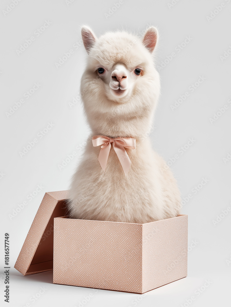 Fototapeta premium Alpaca sits in a pink gift box in a studio. The soft pink bow adds charm to the pose.