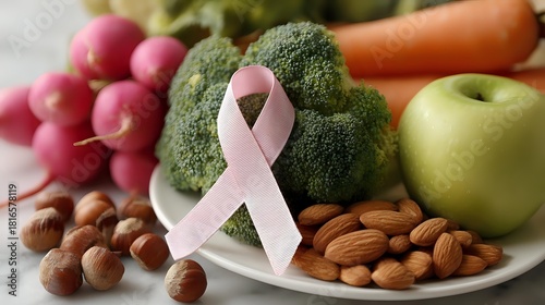 Pink awareness ribbon on plate with fresh vegetables, fruits, and nuts promoting healthy eating for cancer prevention.