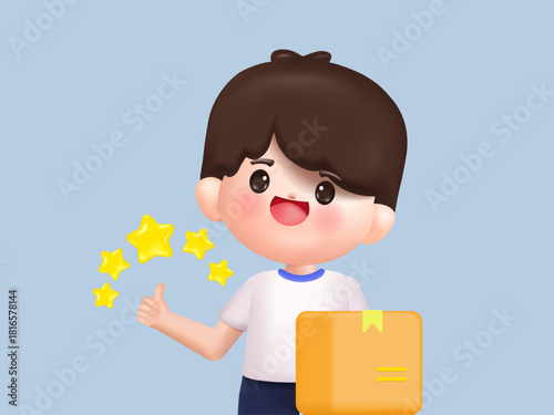 3d Cute man give five stars the best estimate of performance, the score of five points. People leave feedback and comments