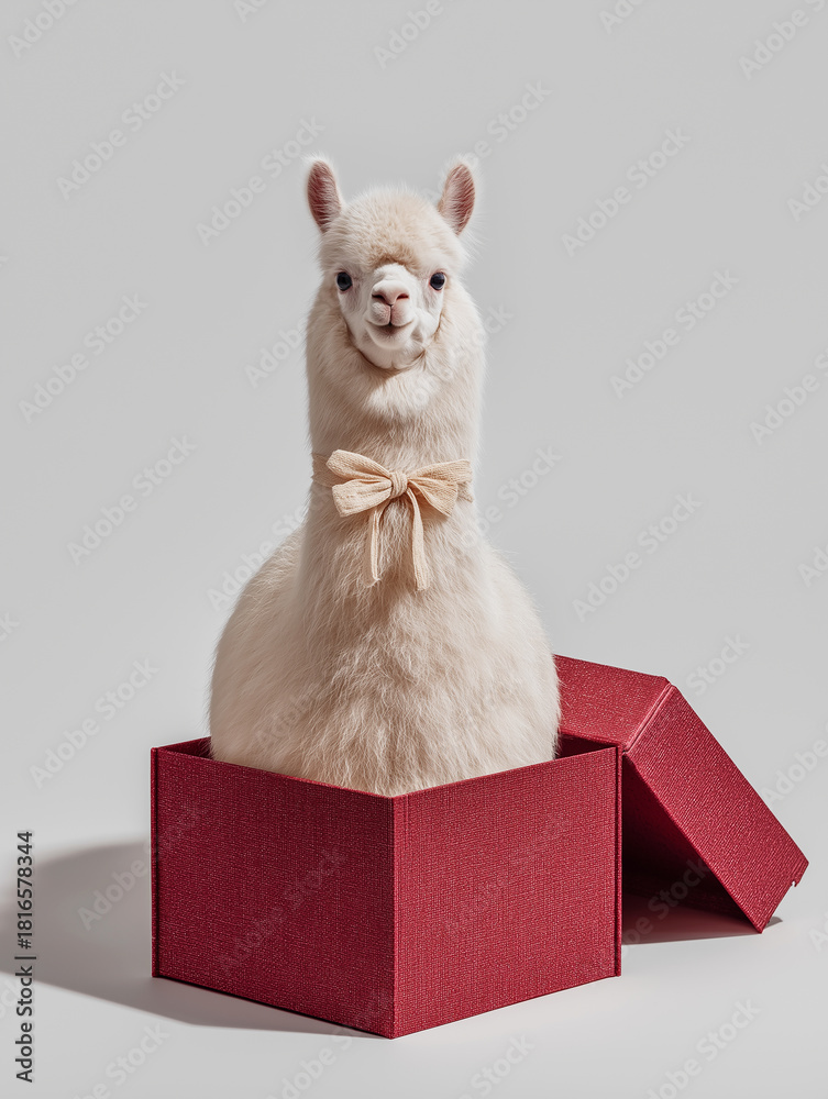 Naklejka premium Alpaca sits in a red gift box. A beige bow around its neck adds a playful holiday mood.