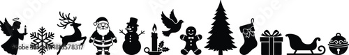 Set of black Christmas holiday and New Year symbols featuring Santa Claus, reindeer, snowman, gingerbread man, gifts, sleigh, and tree, vector illustration isolated on white