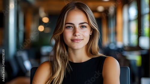 Young Caucasian woman with long blonde hair and natural makeup smiling at camera in upscale restaurant or cafe with blurred background. Free Download Young Caucasian woman with long blonde hair and natural makeup smiling at camera in upscale restaurant or cafe with blurred background. - GFXLoad