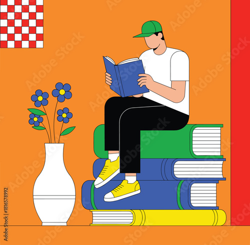Young man sitting on a stack of giant books and reading in library or study room, symbolizing education, knowledge, self-learning, and intellectual development.