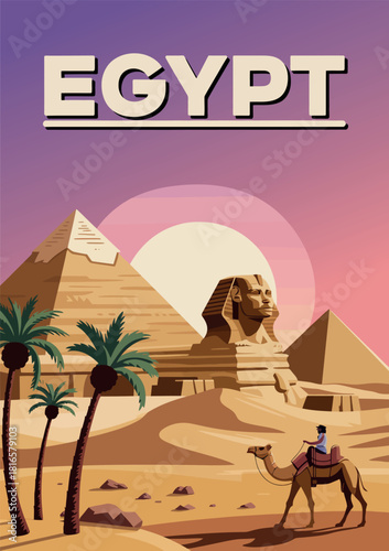Ancient Sphinx Egypt, Pharaoh Pyramids Vintage Poster, Sahara Sunset Camel Travel