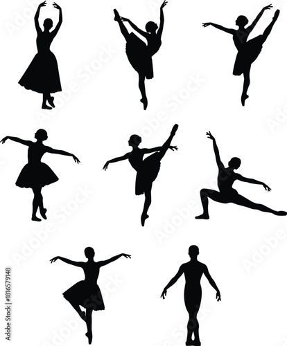Elegant ballerina silhouette collection showcasing diverse classical dance poses, graceful movement, artistic expression, and professional vector design for creative ballet projects