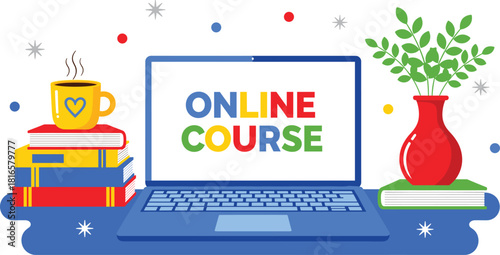 Online learning and distance education vector illustration with laptop, books, and coffee mug, symbolizing virtual courses, knowledge acquisition, and study from home.