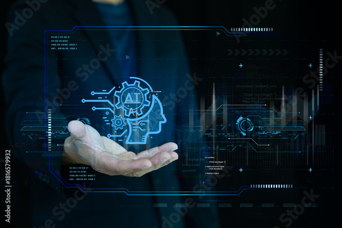 usinessman holding glowing AI hologram with digital circuit interface. Future technology and innovation concept.