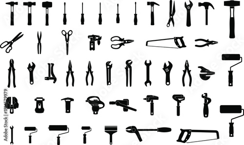 Comprehensive collection of hand tool silhouettes featuring hammers, wrenches, pliers, screwdrivers, saws, and construction equipment in clean professional vector design