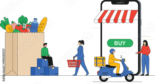 Online Grocery Shopping and Fast Food Delivery Service via Mobile App Concept Vector Illustration for Modern E-commerce Business and Customer Convenience.