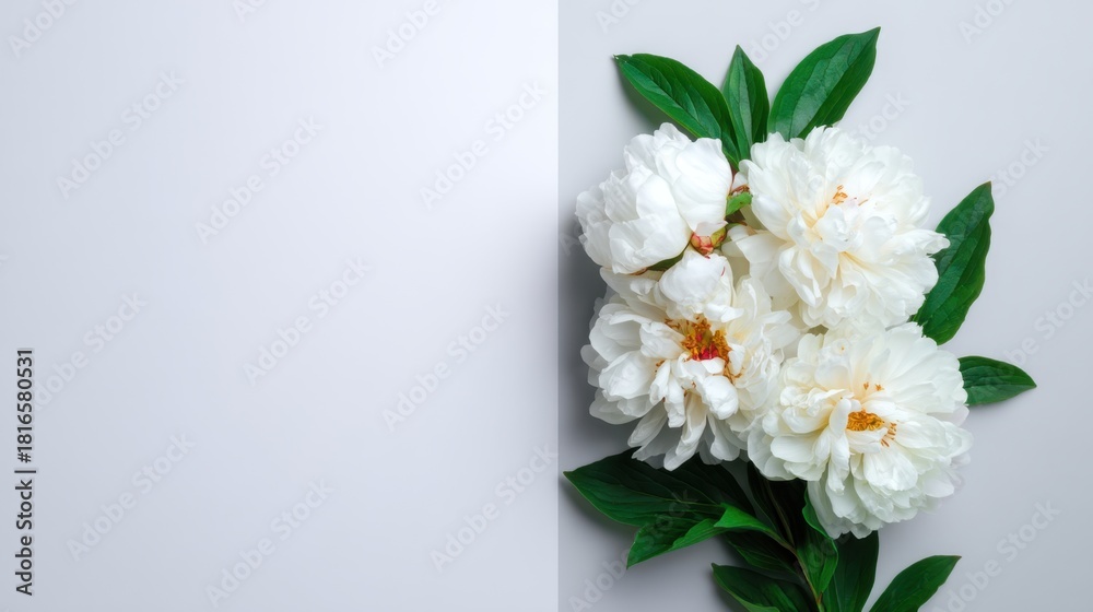 Obraz premium Elegant White Peony Bouquet with Lush Green Leaves on a Minimalist Grey Background for Floral Arrangement or Wedding Decor
