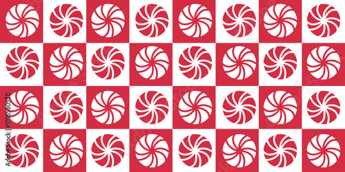 Seamless pattern with round striped candy silhouettes on  red white geometric composition of squares. Ideal for holiday packaging, textile prints, wrapping paper and cheerful festive designs