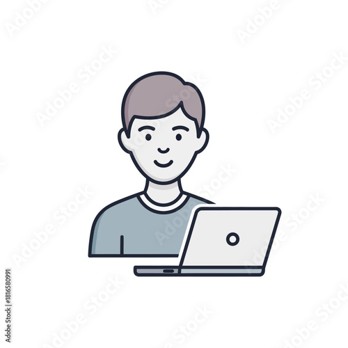 Flat line icon of a smiling young man with grey hair working on a modern laptop computer.