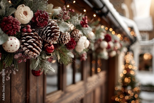 Snow-kissed Christmas garland with pine cones and red accents adorning wooden garage door