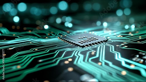 Deep Focus Macro View of a Modern Dark Circuit Board with Glowing Green Traces and Central Processor Chip