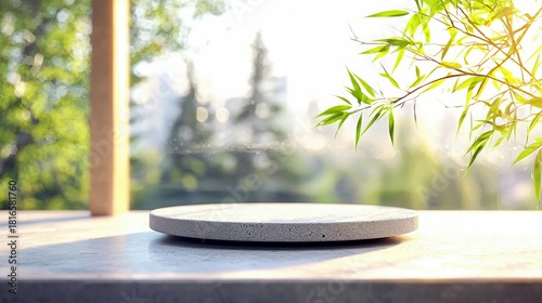 A stone pedestal is placed on a concrete surface, with bamboo leaves and sunlight visible in the background, creating a serene and natural atmosphere.