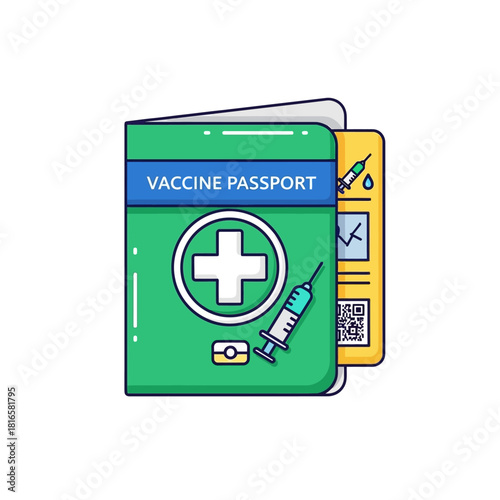 Green Vaccine Passport with White Cross and Syringe Illustration.