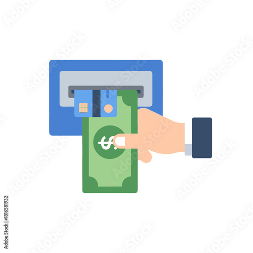 Hand withdrawing green dollar bill from blue ATM machine with credit card.