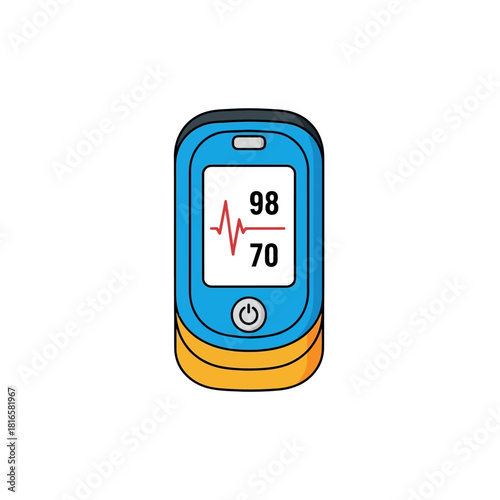 Illustrated blue and orange pulse oximeter showing 98 SpO2 and 70 BPM heart rate.