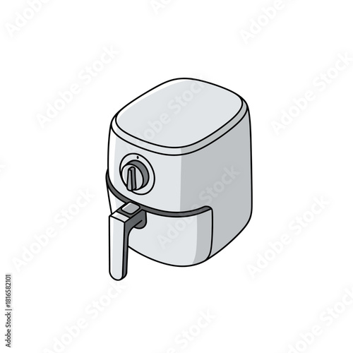 Isometric Illustration of a Modern Air Fryer with Handle and Control Knob.