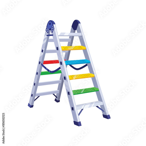 Silver Aluminum Step Ladder with Colorful Steps, Blue Accents, Folded Position.