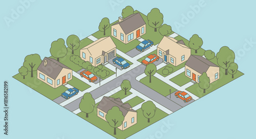 Isometric view of a suburban neighborhood with houses, cars, and trees.