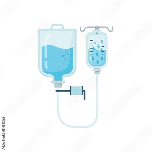 Flat design medical intravenous drip illustration with two connected bags of blue fluid.