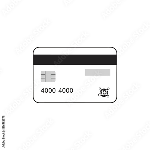 Minimalist black and white line icon of a credit cards back, showing the magnetic stripe, chip, and signature panel.