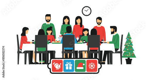 Family Gathering Around a Table for a Festive Meal, Generative AI.