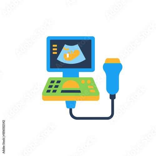 Flat Design Ultrasound Machine Displaying Fetal Image on Screen with Connected Transducer.
