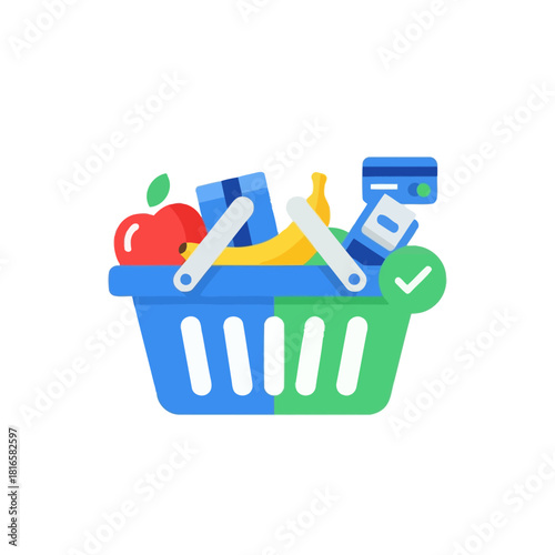 Flat icon of a blue and green shopping basket full of groceries, a credit card, and a green checkmark.