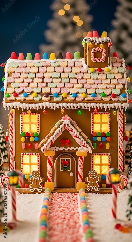 Fototapeta premium Gingerbread house decorated, christmas background