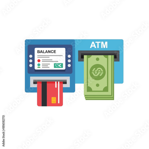 Flat Illustration of a Blue ATM Dispensing Cash and Accepting Credit Card.