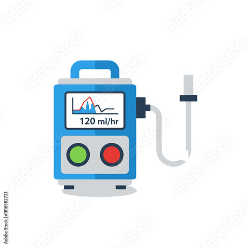 Flat Illustration of a Blue Medical Infusion Pump with Display and Drip Chamber.