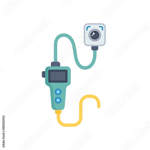 Modern teal handheld endoscope camera with square lens and flexible cables for inspection.