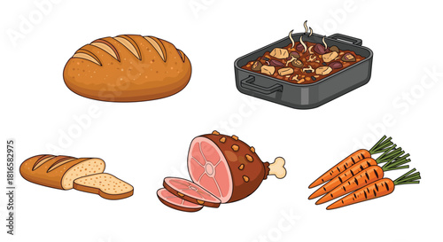 A Collection of Delicious Food Items Including Bread Ham and Carrots, Generative AI.