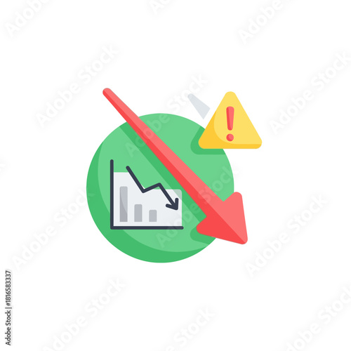 Red Arrow Pointing Downward with Graph and Warning Sign on Green Circle.