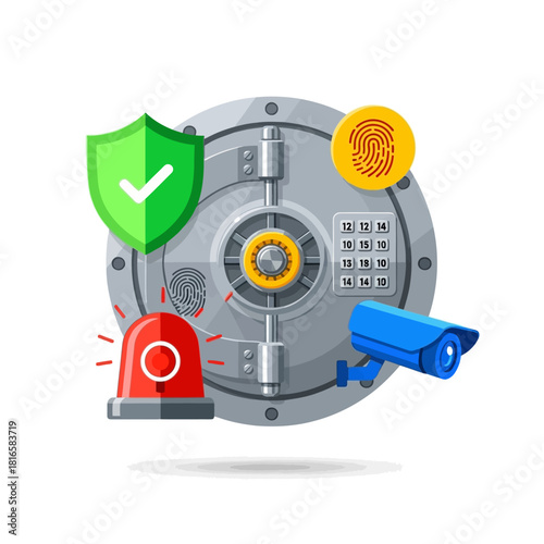 Secure Vault Door with Security Features - Shield, Fingerprint, Camera, and Alarm.