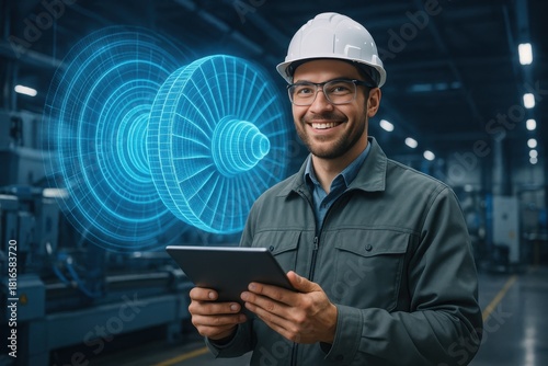 Engineer with a blueprint: A skilled engineer, smiles brightly as he studies a blueprint, symbolizing precision, innovation, and technological advancement in a modern industrial setting. 